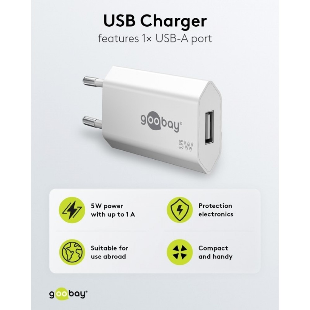 Chargeur mural Goobay 5W USB-A adaptateur secteur USB compact - Noir
