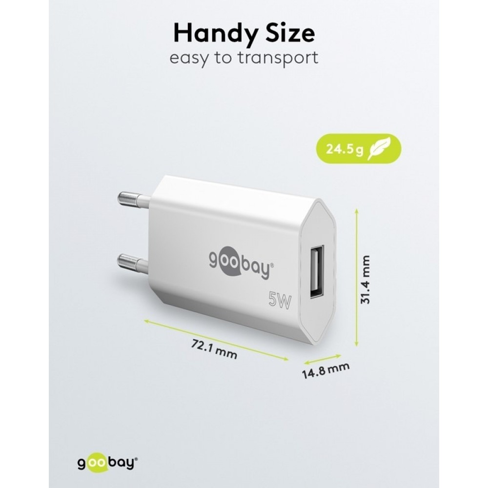 Chargeur mural Goobay 5W USB-A adaptateur secteur USB compact - Noir