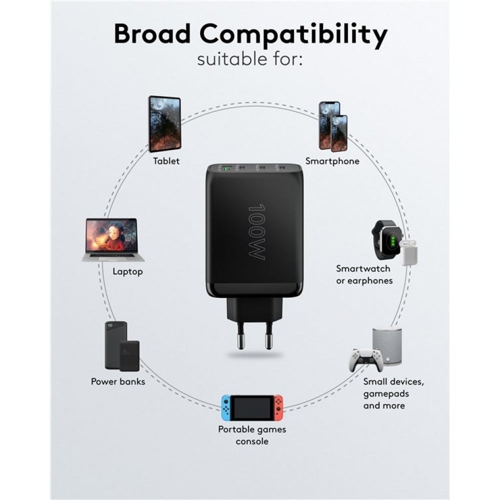Chargeur rapide Goobay 100W GaN USB-C Power Delivery et USB-A adaptateur multiport - Noir