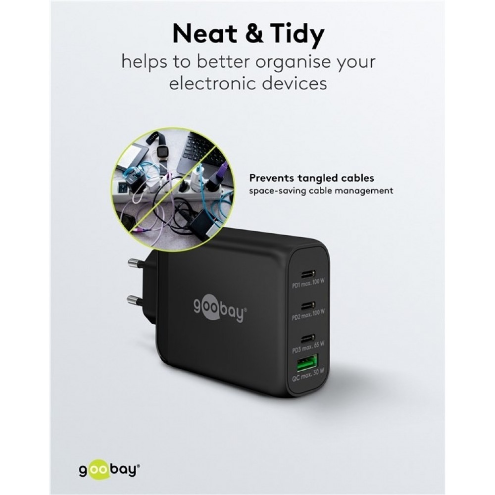 Chargeur rapide Goobay 100W GaN USB-C Power Delivery et USB-A adaptateur multiport - Noir