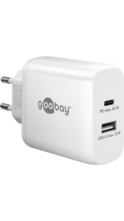 Chargeur rapide Goobay 45W GaN USB-C Power Delivery et USB-A adaptateur mural - Blanc