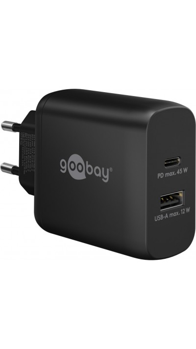 Chargeur rapide Goobay 45W GaN USB-C Power Delivery et USB-A adaptateur mural - Noir