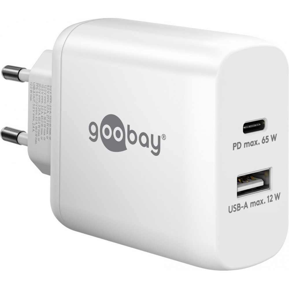 Chargeur rapide Goobay 65W GaN USB-C Power Delivery et USB-A adaptateur mural - Blanc