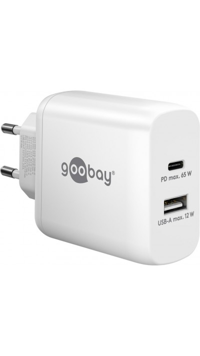 Chargeur rapide Goobay 65W GaN USB-C Power Delivery et USB-A adaptateur mural - Blanc