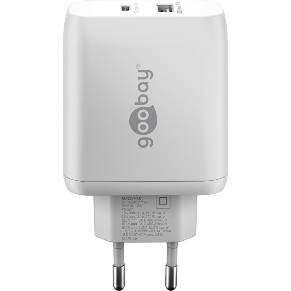 Chargeur rapide Goobay 65W GaN USB-C Power Delivery et USB-A adaptateur mural - Blanc