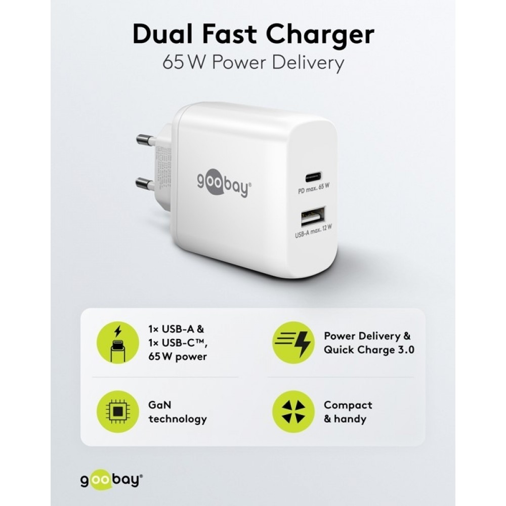 Chargeur rapide Goobay 65W GaN USB-C Power Delivery et USB-A adaptateur mural - Blanc