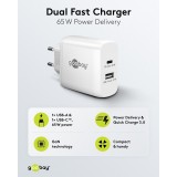 Chargeur rapide Goobay 65W GaN USB-C Power Delivery et USB-A adaptateur mural - Blanc