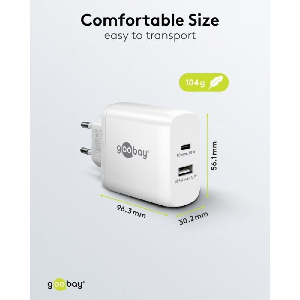 Chargeur rapide Goobay 65W GaN USB-C Power Delivery et USB-A adaptateur mural - Blanc