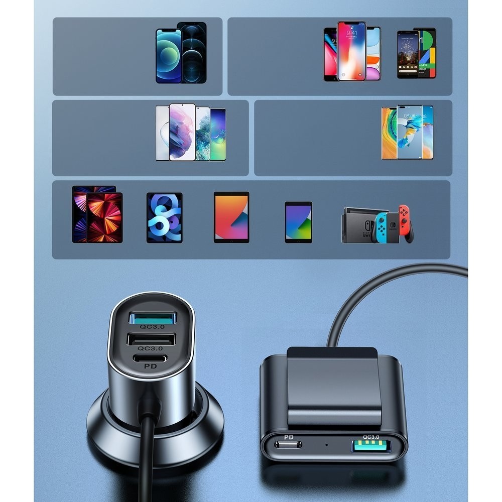 Chargeur rapide voiture Joyroom JR-CL05 78W multi 5 ports (2xPD+3QC3.0) câble 1.5m - Noir