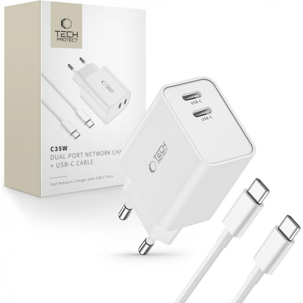 Chargeur Tech-Protect C35W USB-C PD 35W double port avec c&acirc;ble USB-C inclus - Blanc