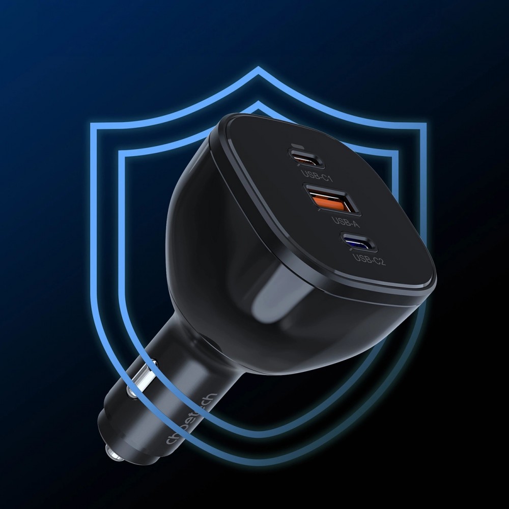 Chargeur voiture Choetech TC0024 165W ultra rapide avec 2x USB-C PD 3.1 + 1x USB-A rapide polyvalent - Noir