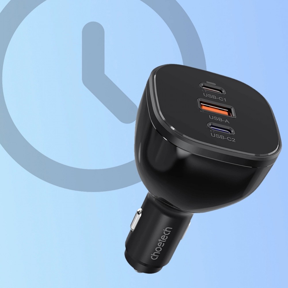 Chargeur voiture Choetech TC0024 165W ultra rapide avec 2x USB-C PD 3.1 + 1x USB-A rapide polyvalent - Noir