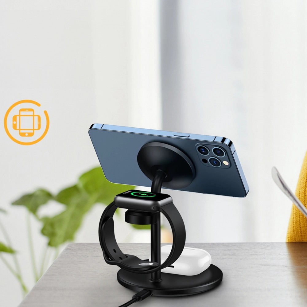 Choetech T585-F - Station de charge sans fil 3 en 1 magnétique pour iPhone / AirPods Pro / Apple Watch - Noir