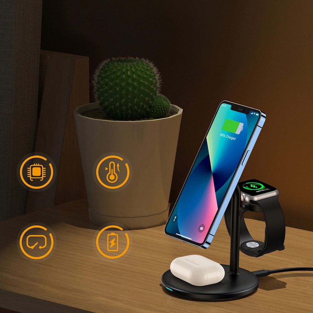 Choetech T585-F - Station de charge sans fil 3 en 1 magnétique pour iPhone / AirPods Pro / Apple Watch - Noir