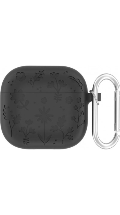 Coque AirPods 4 - Fleurs silicone avec mousqueton - Noir