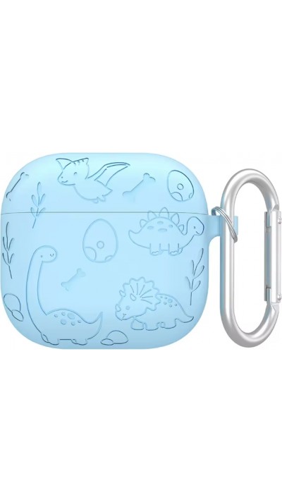 Coque AirPods 4 - Silicone dinosaures et fleurs gravés - Bleu