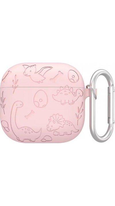 Coque AirPods 4 - Silicone dinosaures et fleurs gravés - Rose