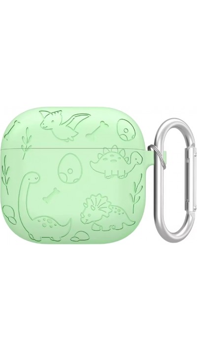 Coque AirPods 4 - Silicone dinosaures et fleurs gravés - Vert clair