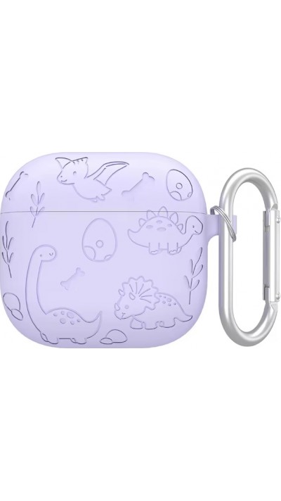 Coque AirPods 4 - Silicone dinosaures et fleurs gravés - Violet