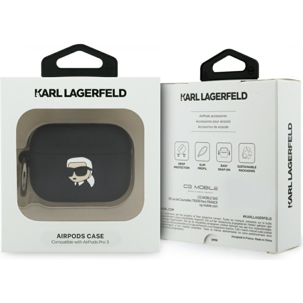 Coque AirPods Pro / Pro 2 - 3D silicone t&ecirc;te Karl Lagerfeld accessoire de protection &eacute;l&eacute;gant - Noir