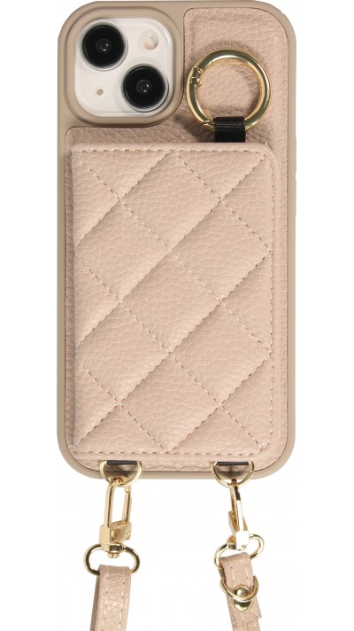 Coque iPhone 15 - Cuir matelassé avec miroir et compartiment carte inclus grande lanière amovible - Beige