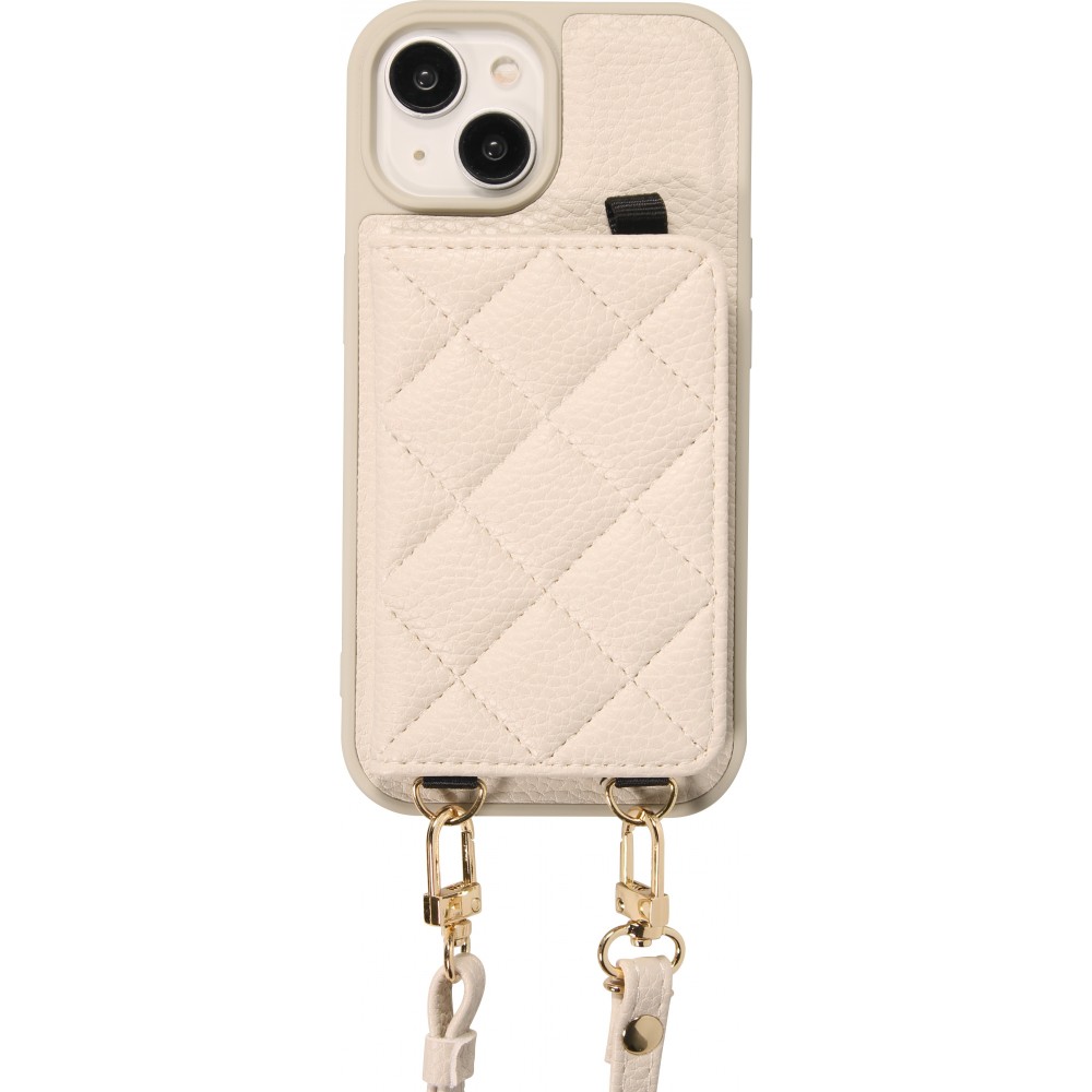 Coque iPhone 15 - Cuir matelass&eacute; avec miroir et compartiment carte inclus grande lani&egrave;re amovible - Blanc