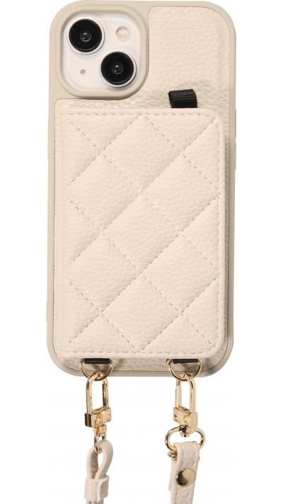 Coque iPhone 15 - Cuir matelassé avec miroir et compartiment carte inclus grande lanière amovible - Blanc