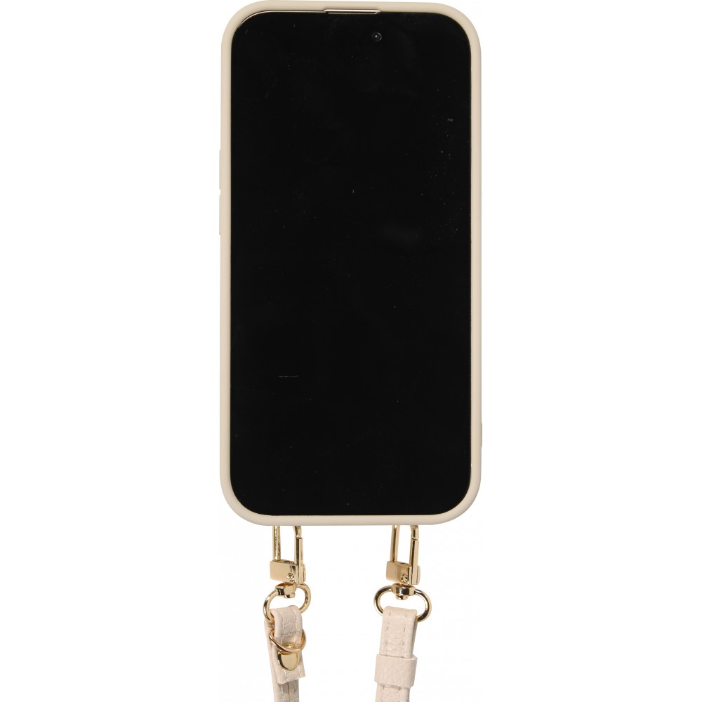 Coque iPhone 15 - Cuir matelass&eacute; avec miroir et compartiment carte inclus grande lani&egrave;re amovible - Blanc