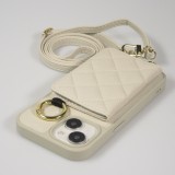 Coque iPhone 15 - Cuir matelass&eacute; avec miroir et compartiment carte inclus grande lani&egrave;re amovible - Blanc