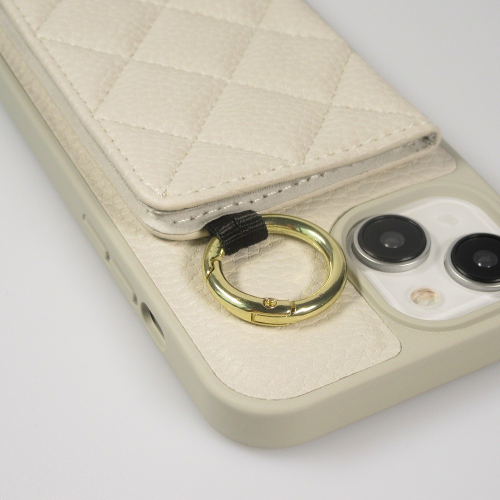 Coque iPhone 15 - Cuir matelass&eacute; avec miroir et compartiment carte inclus grande lani&egrave;re amovible - Blanc