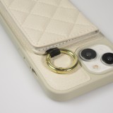 Coque iPhone 15 - Cuir matelass&eacute; avec miroir et compartiment carte inclus grande lani&egrave;re amovible - Blanc