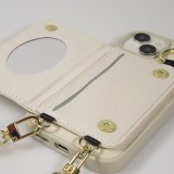 Coque iPhone 15 - Cuir matelass&eacute; avec miroir et compartiment carte inclus grande lani&egrave;re amovible - Blanc