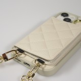 Coque iPhone 15 - Cuir matelass&eacute; avec miroir et compartiment carte inclus grande lani&egrave;re amovible - Blanc