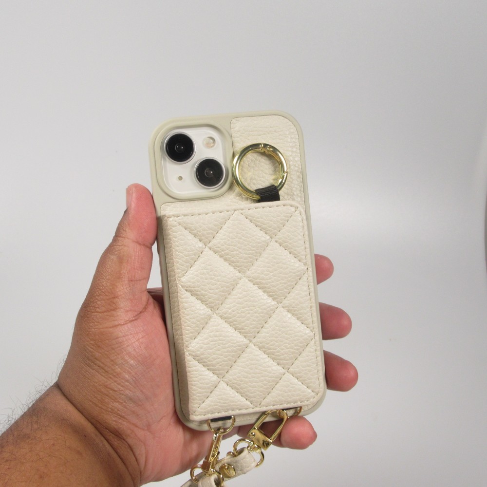 Coque iPhone 15 - Cuir matelass&eacute; avec miroir et compartiment carte inclus grande lani&egrave;re amovible - Blanc