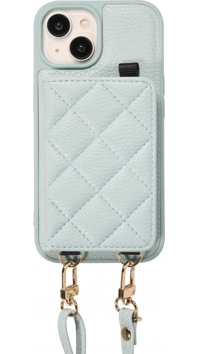 Coque iPhone 15 - Cuir matelassé avec miroir et compartiment carte inclus grande lanière amovible - Bleu