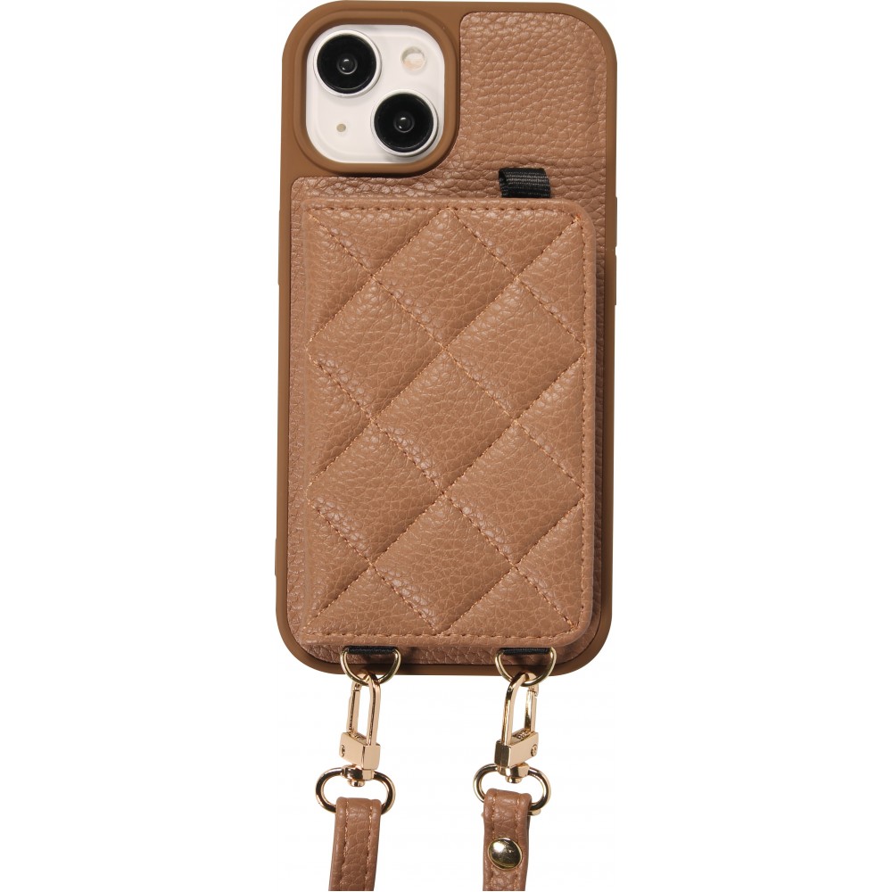 Coque iPhone 15 - Cuir matelassé avec miroir et compartiment carte inclus grande lanière amovible - Brun