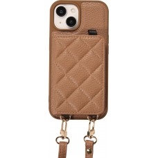 Coque iPhone 15 - Cuir matelassé avec miroir et compartiment carte inclus grande lanière amovible - Brun