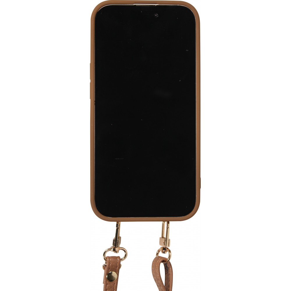 Coque iPhone 15 - Cuir matelassé avec miroir et compartiment carte inclus grande lanière amovible - Brun