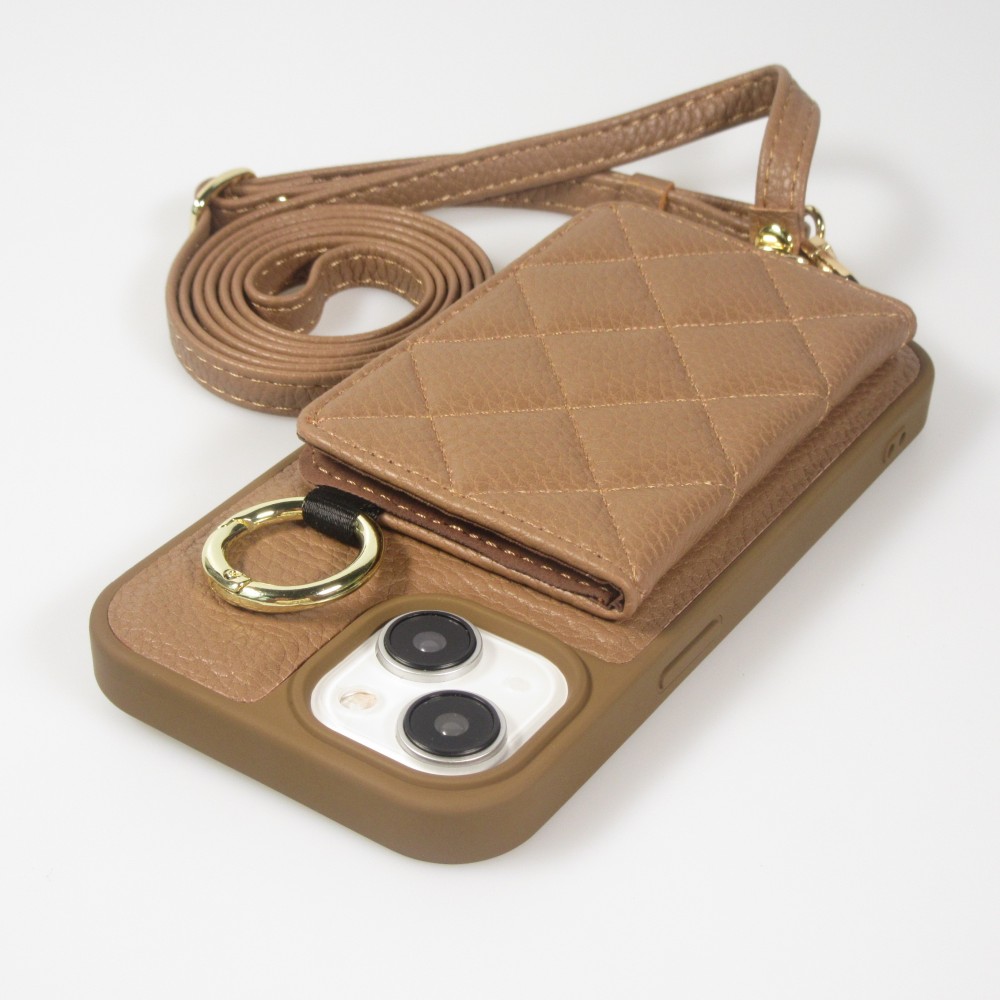 Coque iPhone 15 - Cuir matelassé avec miroir et compartiment carte inclus grande lanière amovible - Brun
