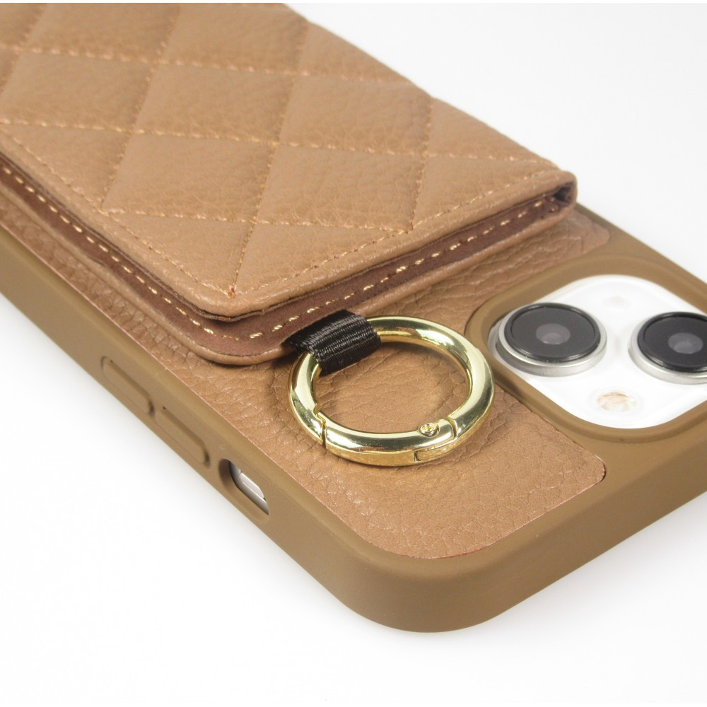 Coque iPhone 15 - Cuir matelassé avec miroir et compartiment carte inclus grande lanière amovible - Brun