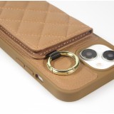Coque iPhone 15 - Cuir matelassé avec miroir et compartiment carte inclus grande lanière amovible - Brun