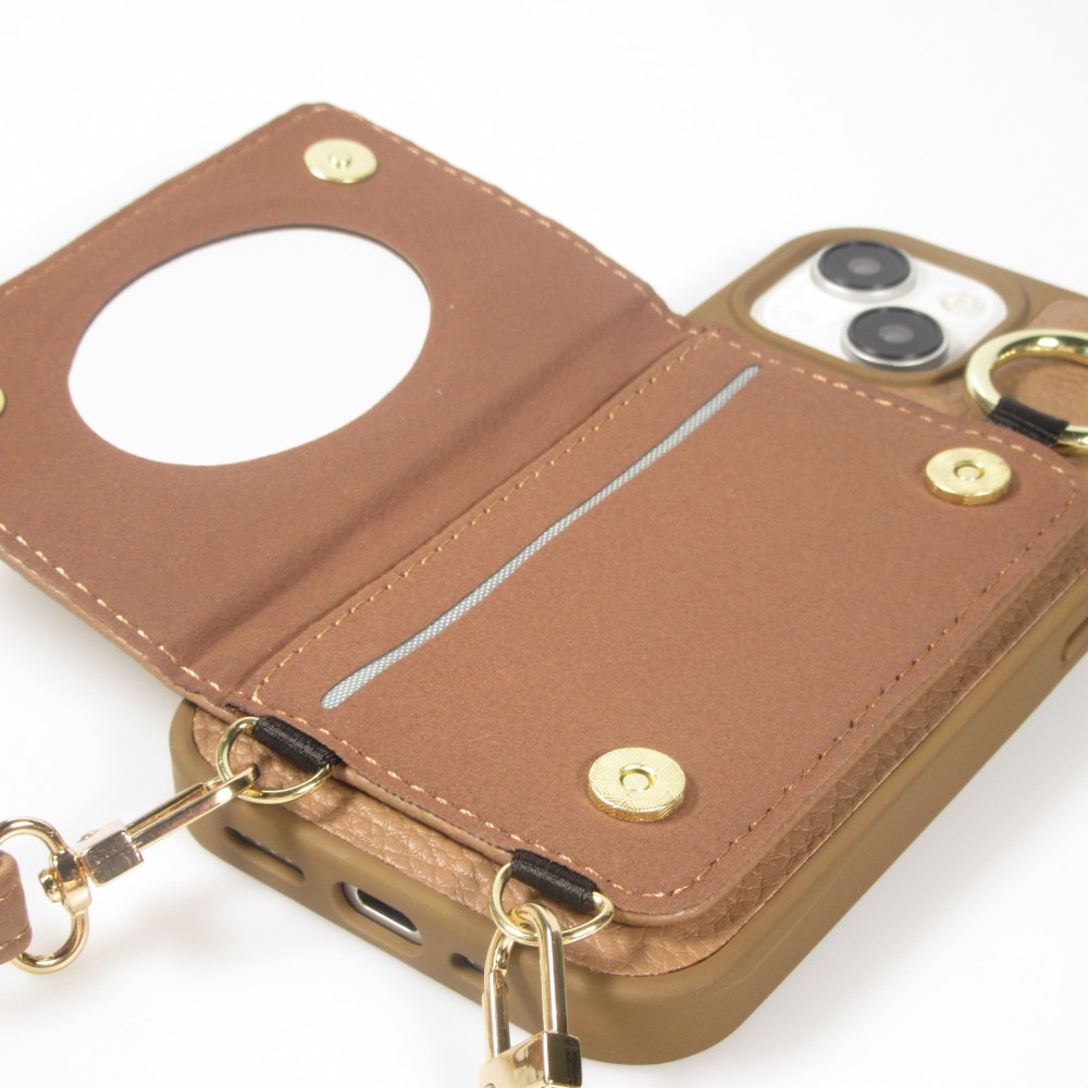 Coque iPhone 15 - Cuir matelassé avec miroir et compartiment carte inclus grande lanière amovible - Brun