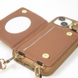 Coque iPhone 15 - Cuir matelassé avec miroir et compartiment carte inclus grande lanière amovible - Brun