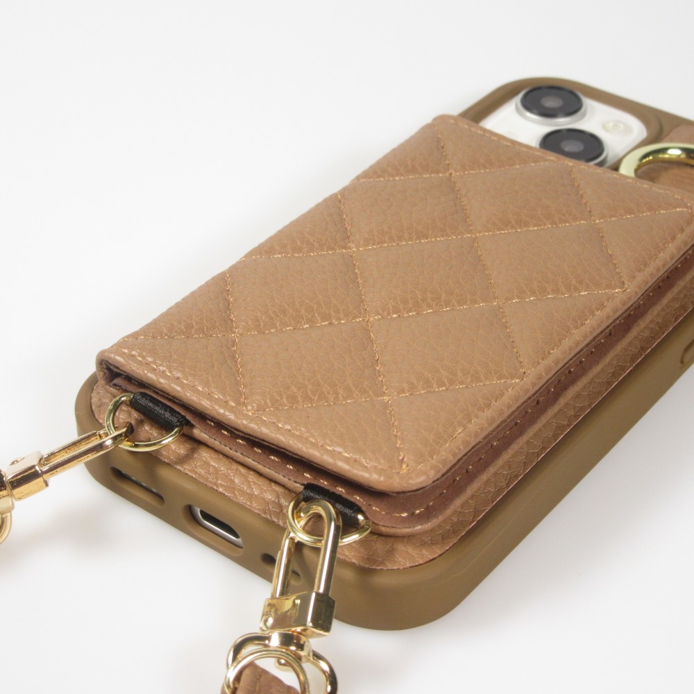 Coque iPhone 15 - Cuir matelassé avec miroir et compartiment carte inclus grande lanière amovible - Brun