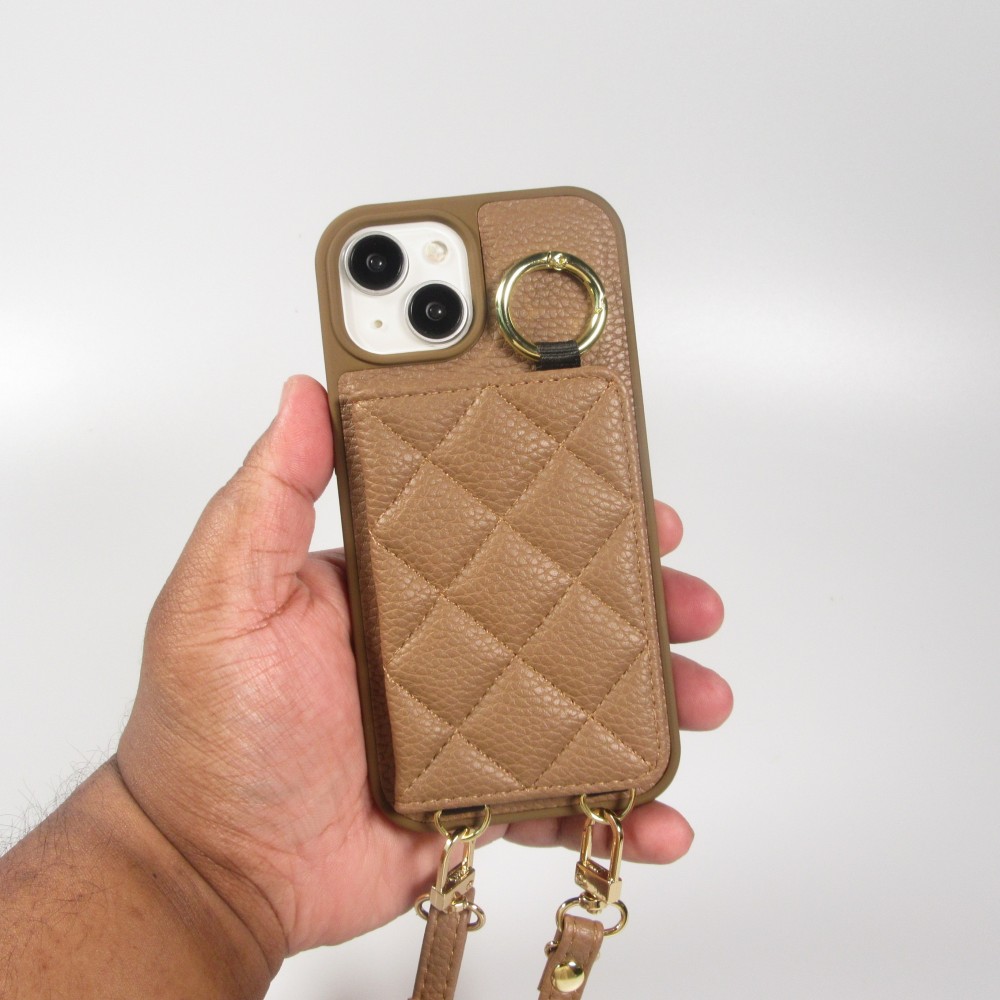 Coque iPhone 15 - Cuir matelassé avec miroir et compartiment carte inclus grande lanière amovible - Brun