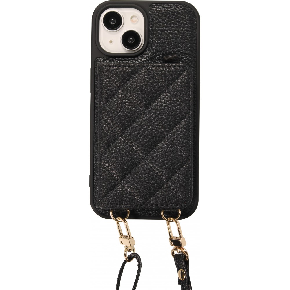Coque iPhone 15 - Cuir matelassé avec miroir et compartiment carte inclus grande lanière amovible - Noir