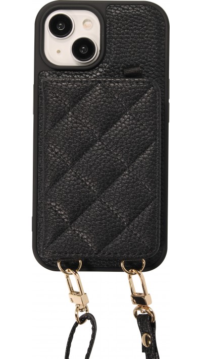 Coque iPhone 15 - Cuir matelassé avec miroir et compartiment carte inclus grande lanière amovible - Noir