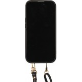 Coque iPhone 15 - Cuir matelassé avec miroir et compartiment carte inclus grande lanière amovible - Noir