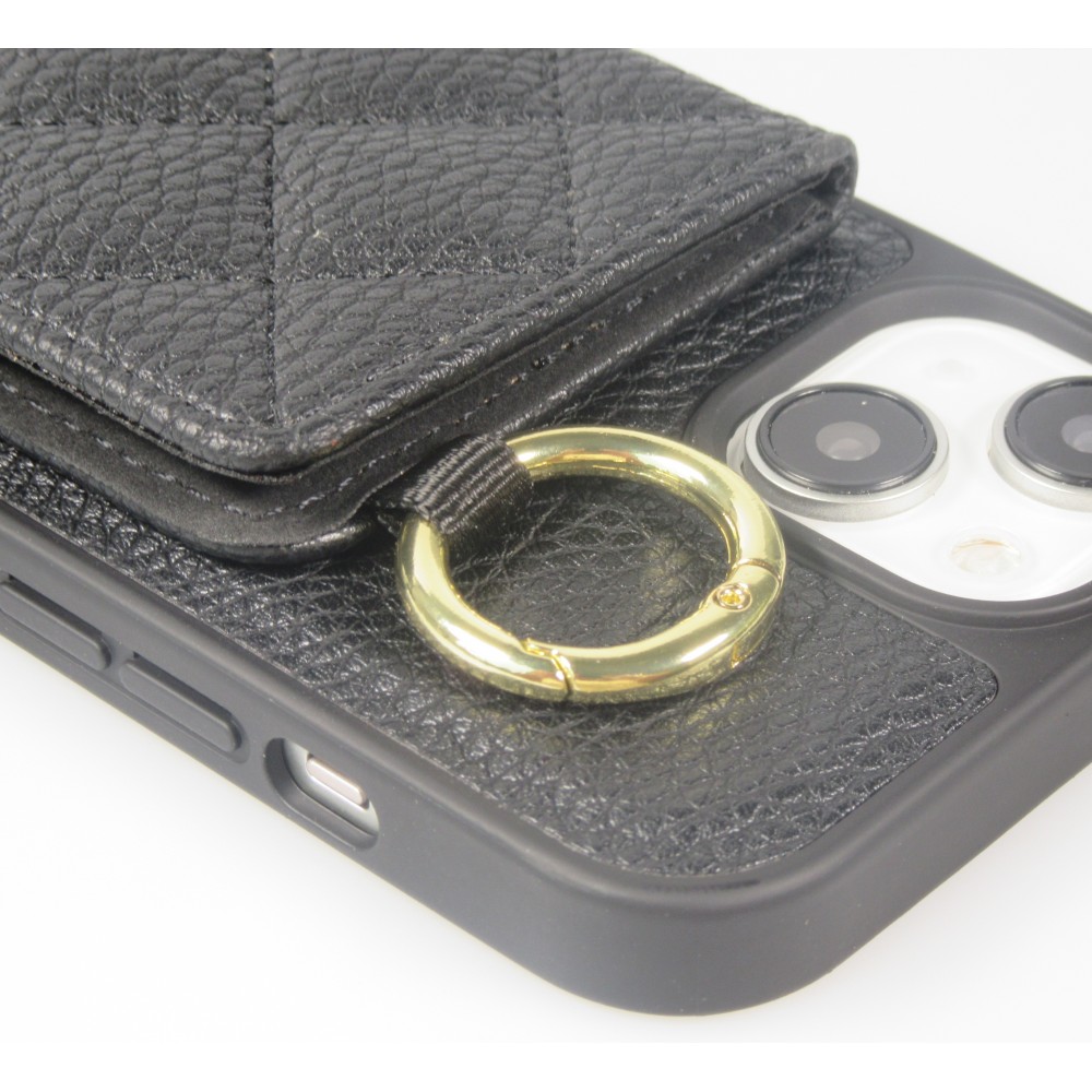 Coque iPhone 15 - Cuir matelassé avec miroir et compartiment carte inclus grande lanière amovible - Noir