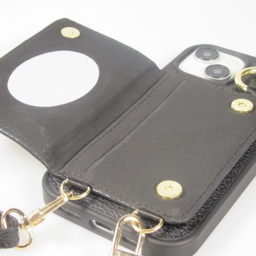 Coque iPhone 15 - Cuir matelassé avec miroir et compartiment carte inclus grande lanière amovible - Noir